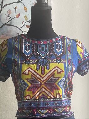 Bright Geometric Print Crop Top in Blue and Yellow